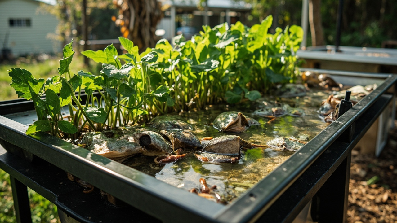 Aquaponics system with silver perch and plants in an Australian backyard setup