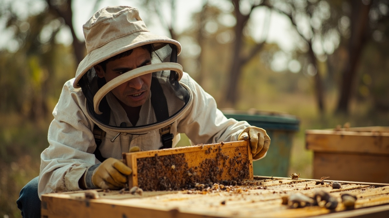 Beginner beekeeper inspecting a hive in an Australian rural setting