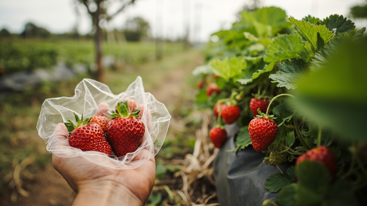 Berry netting protecting strawberry plants on an Australian off-grid farm