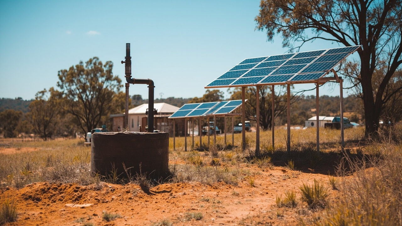 Bore and well water system on a remote Australian property with solar panels