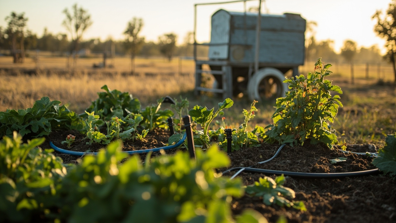 Raised vegetable beds with black poly drip irrigation lines on a rural Australian block