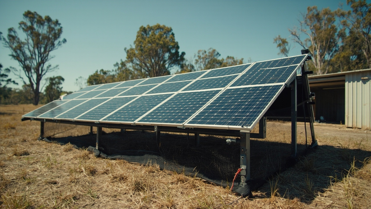 Ground-mounted solar array with bird mesh fitted around the panels on an Australian rural property