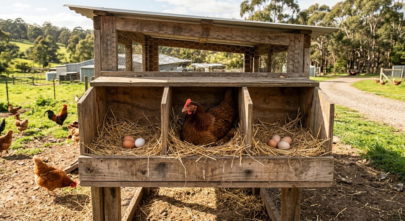Wooden nesting box with a hen sitting on eggs and free-range chickens.