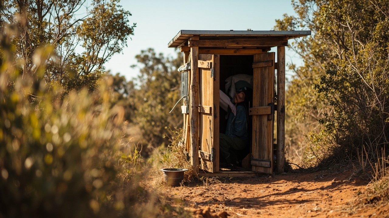 Compost toilet in Australian outback setting with native plants