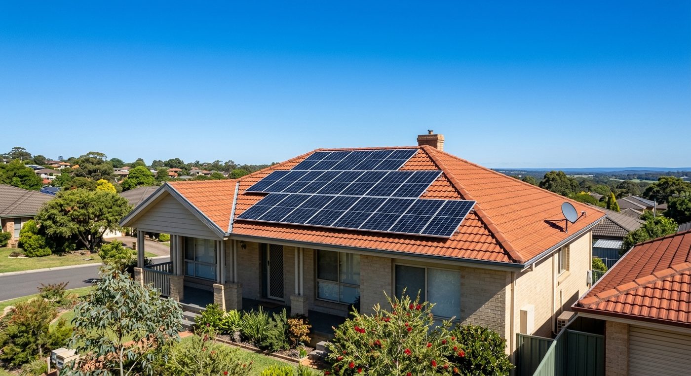Suburban house with rooftop solar panels under a clear blue sky.