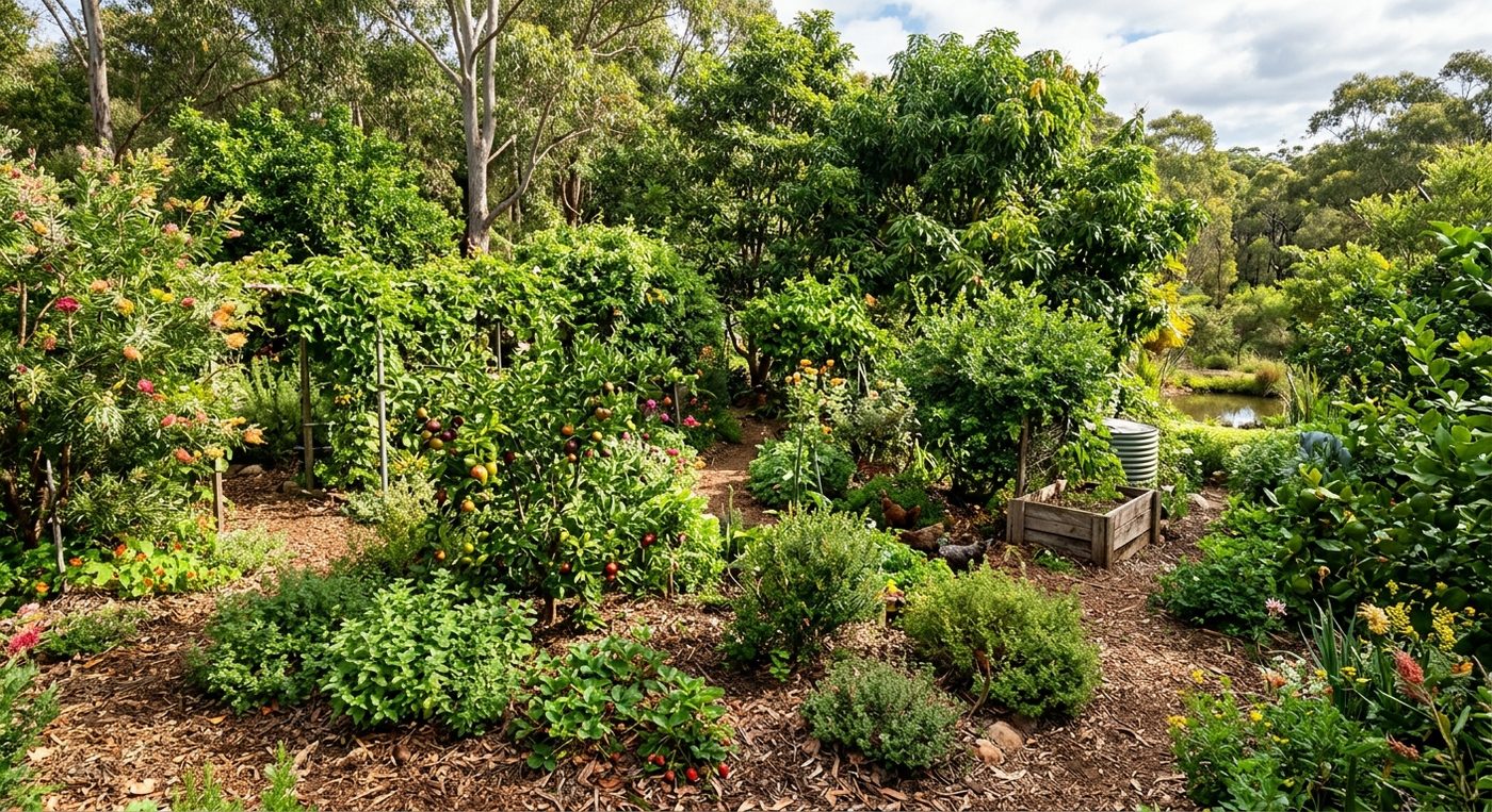 Layered food forest garden with trees, shrubs, ground cover, and water tank.
