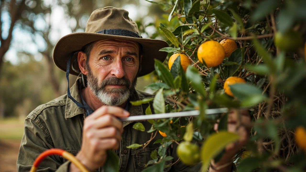 Grafting citrus tree on off-grid property in Australian bush