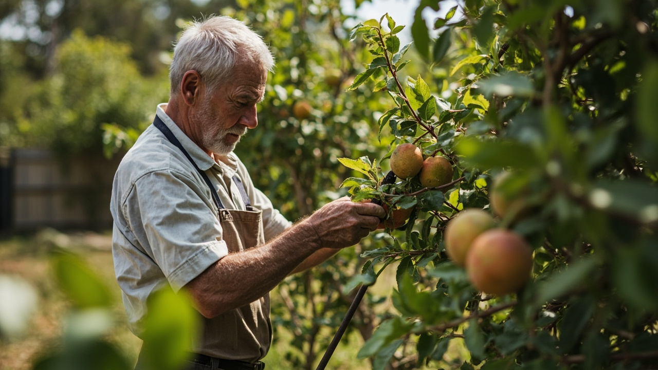 Pruning fruit trees in Australian backyard