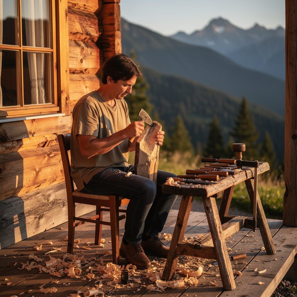 Hand-carving timber with hand tools outside a log cabin