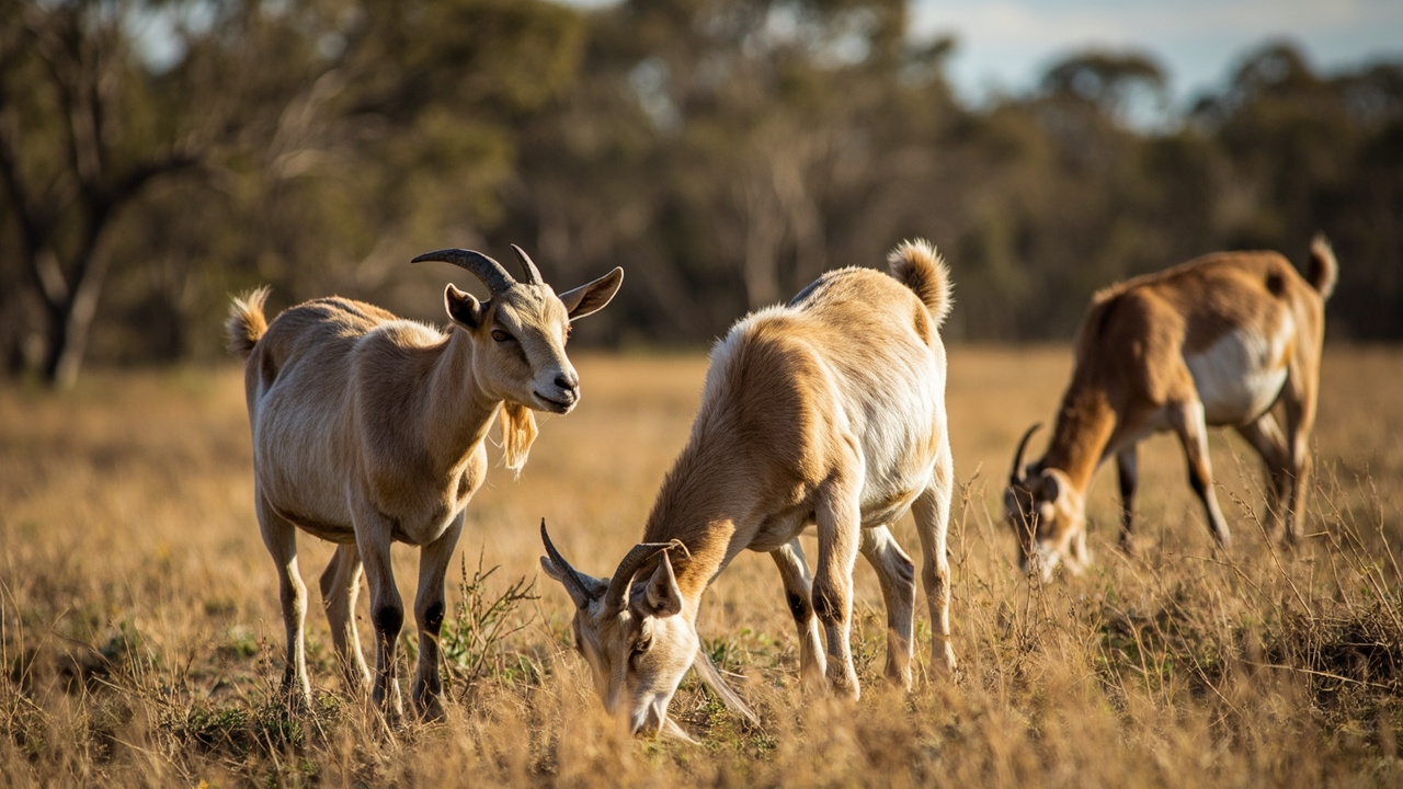 Goats grazing on an Australian off-grid property with native bush in background