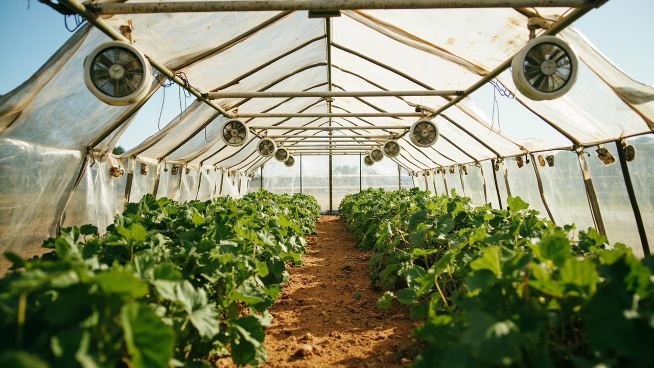 Greenhouse with ventilation fans and shade cloth in Australian rural setting