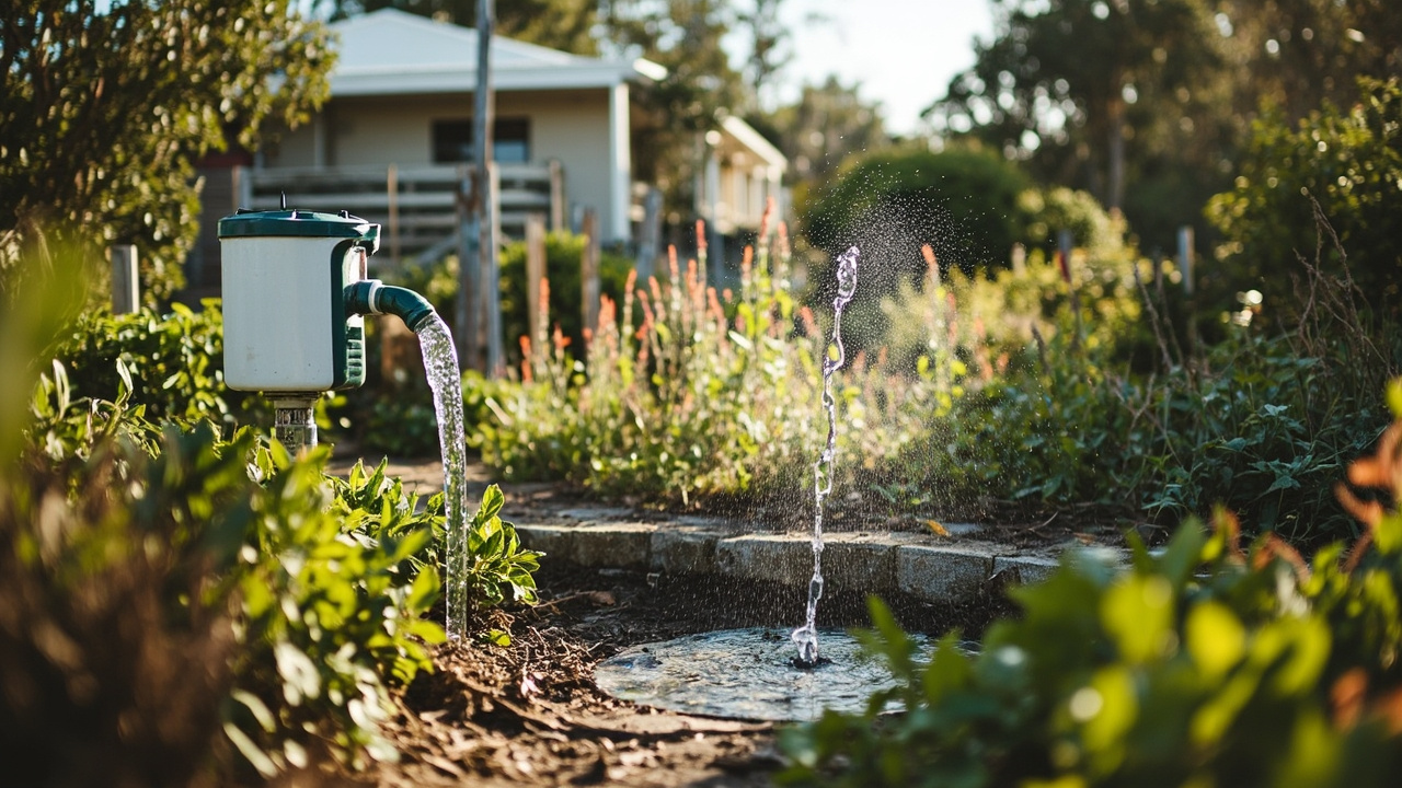 Greywater irrigation system in Australian garden using recycled water from shower