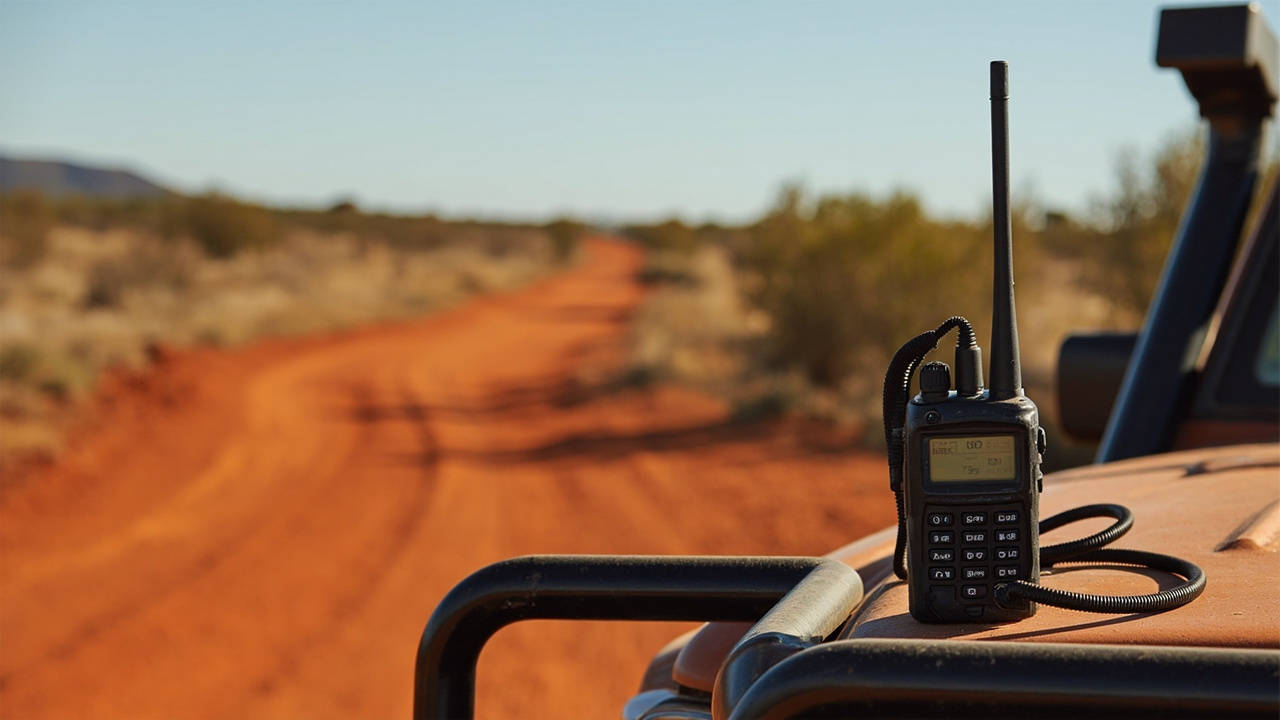 A handheld dual-band radio on the bull bar of a 4WD on a red outback track