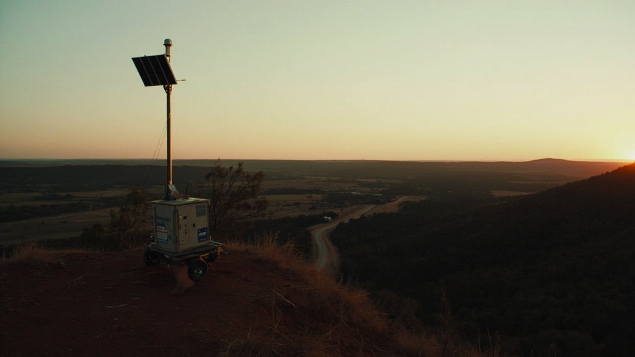 A solar-powered radio repeater mast on a hilltop above an Australian rural valley at dusk