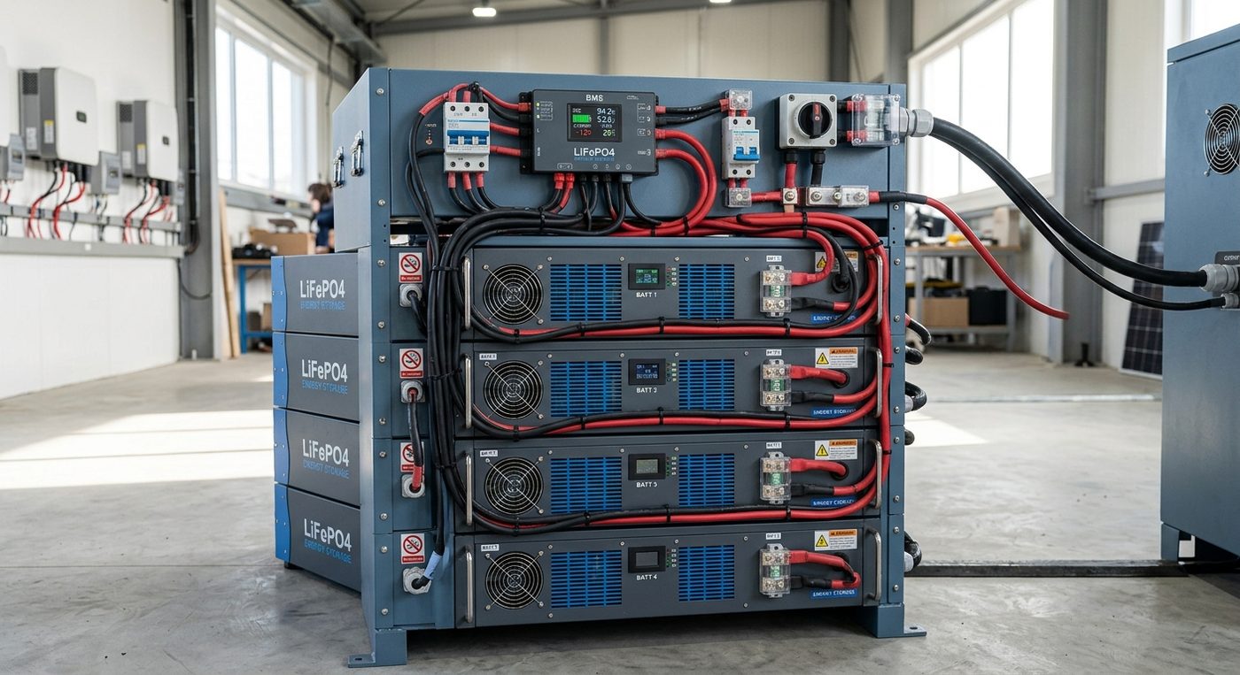 Stacked hybrid inverters with lifepo4 battery modules and heavy cabling in a cabinet.