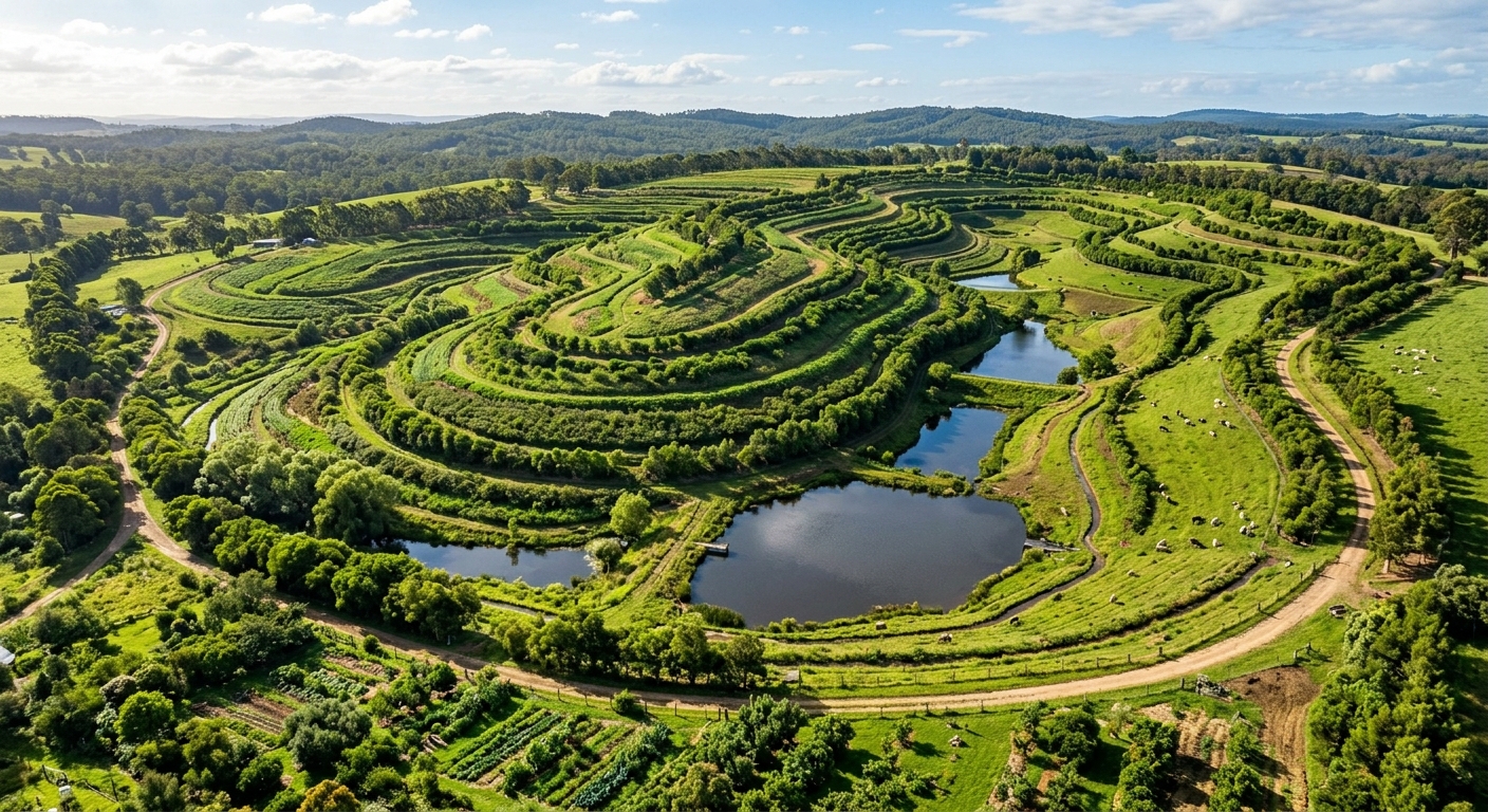 Keyline design in Australian dryland farming, showing water spreader and contour lines