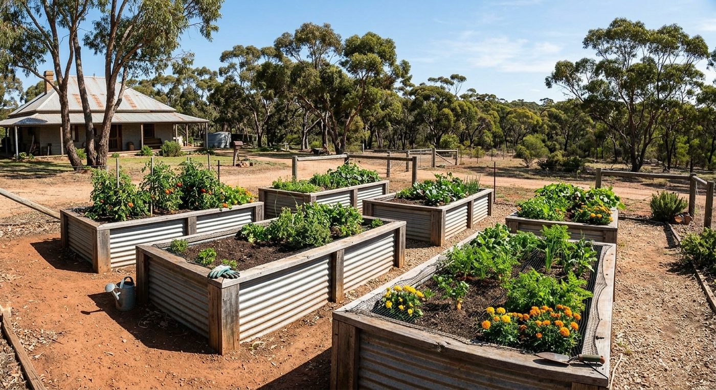 Raised metal-and-wood vegetable garden beds on a rural australian property.