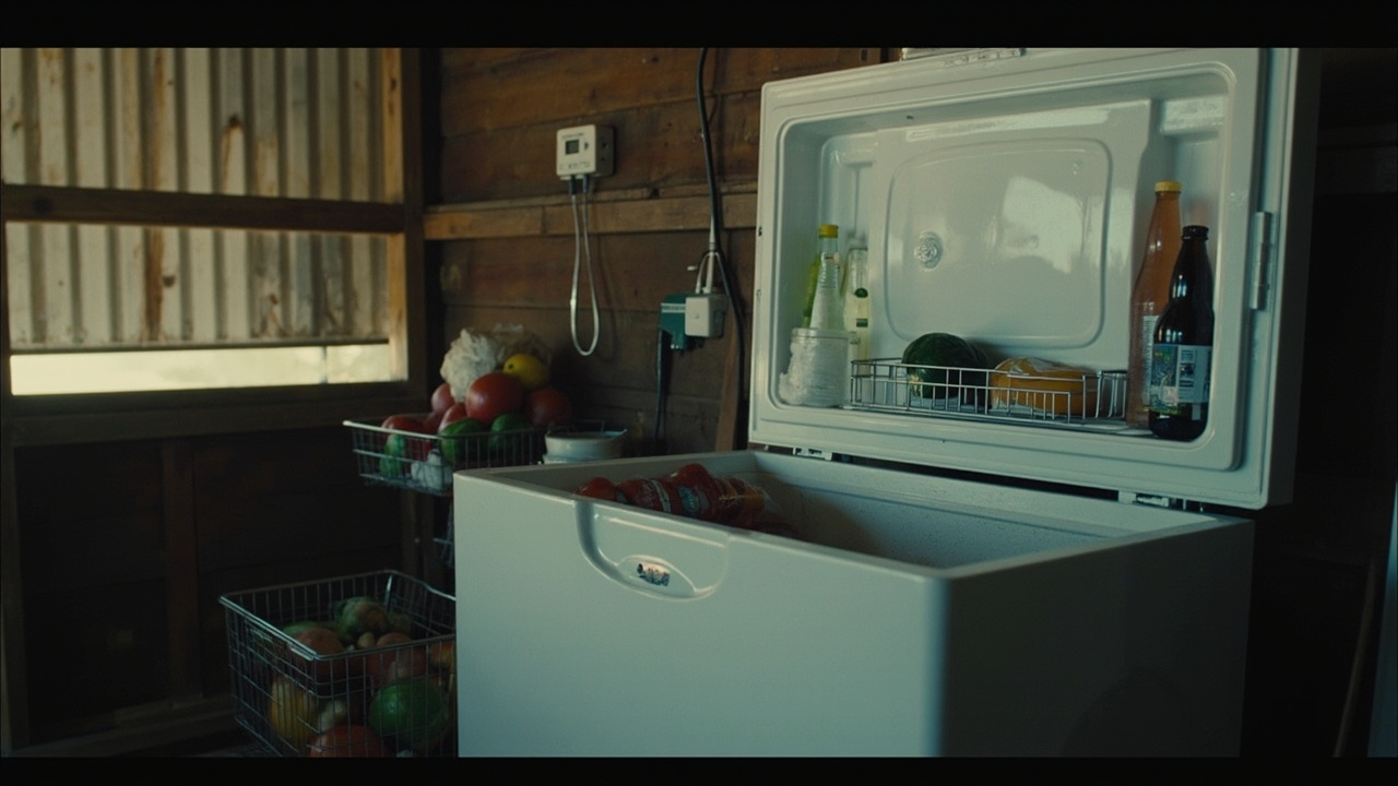 An open chest freezer converted to a fridge with wire baskets and an external thermostat in an Australian shed