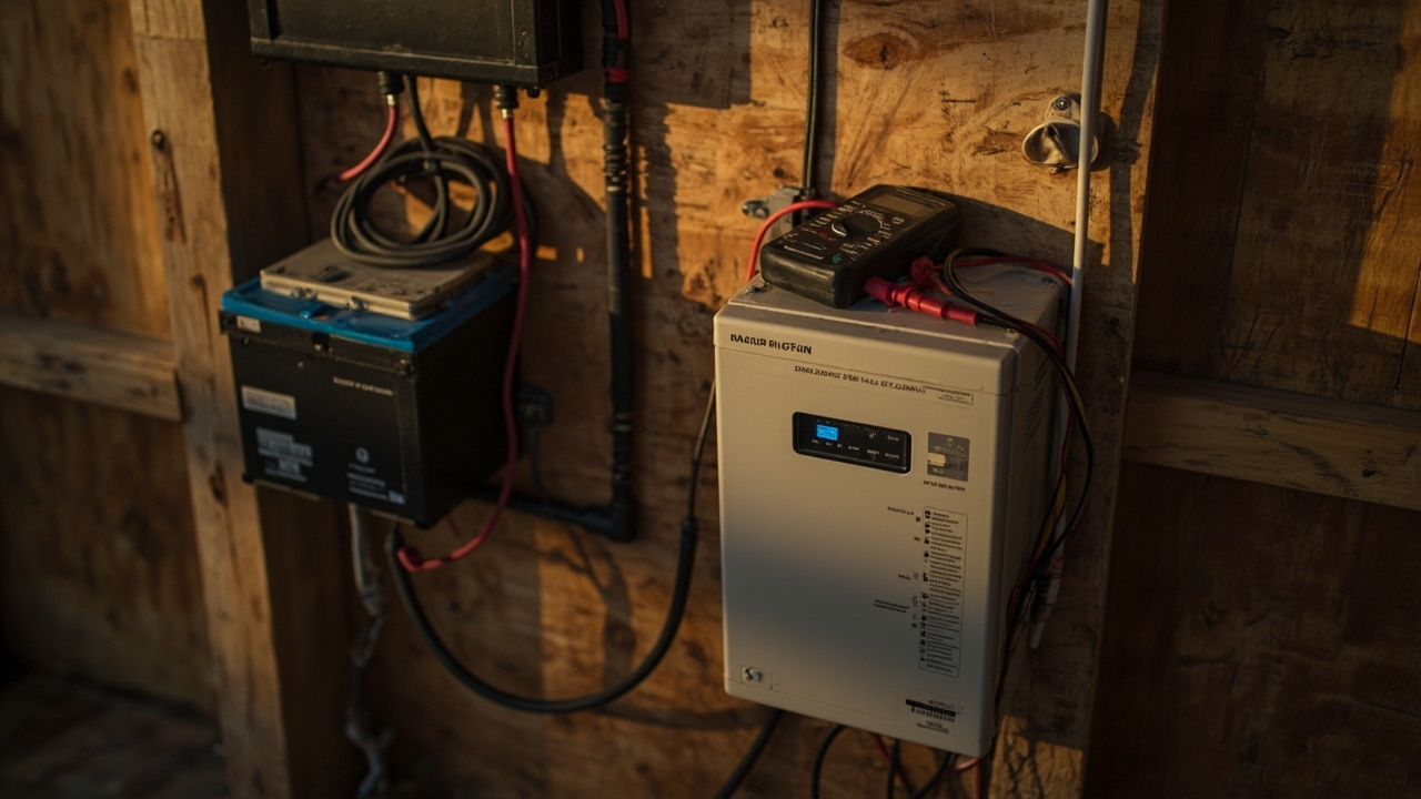 A lithium battery, MPPT charge controller and inverter wired on a plywood board in a bush shed