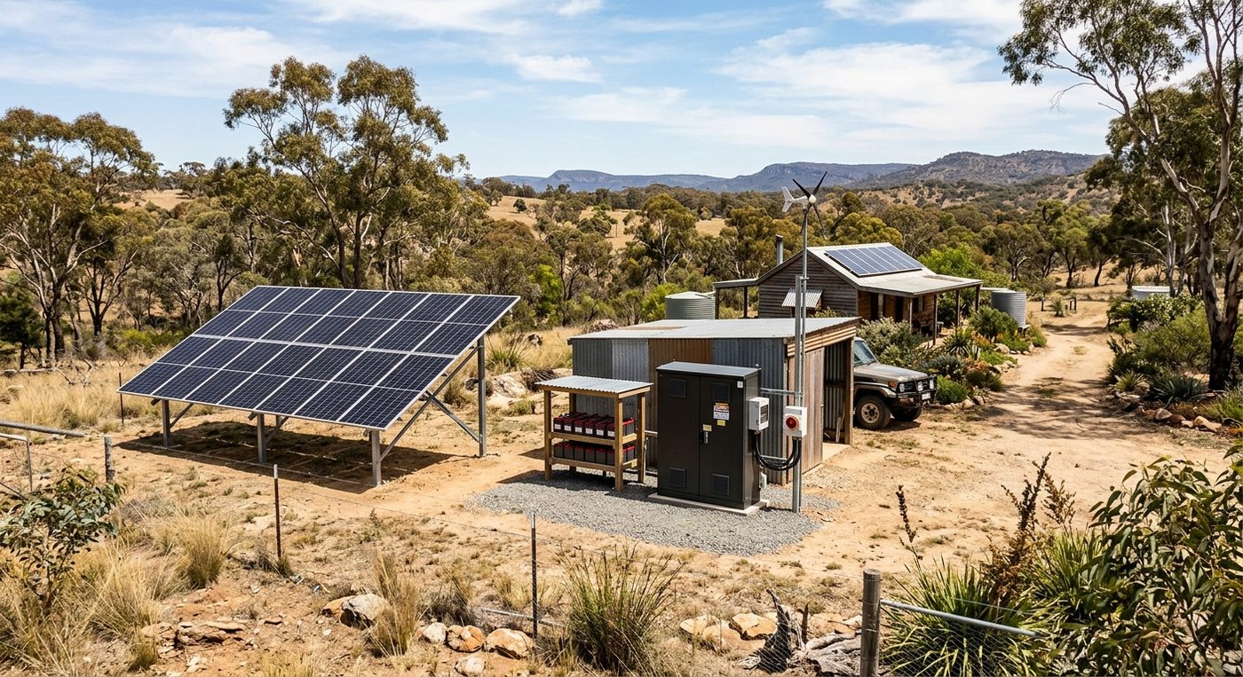Off-grid rural property with solar array, wind turbine, and battery cabinet.