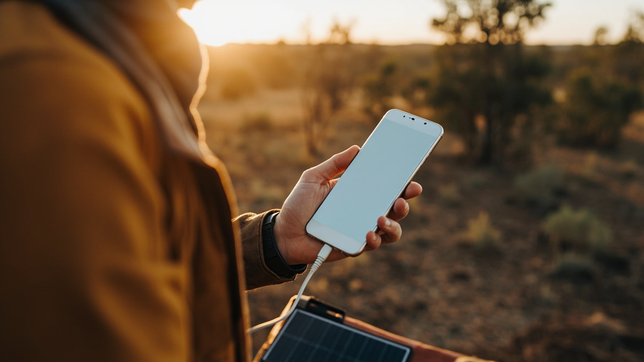Solar panel charging phone in Australian bushland