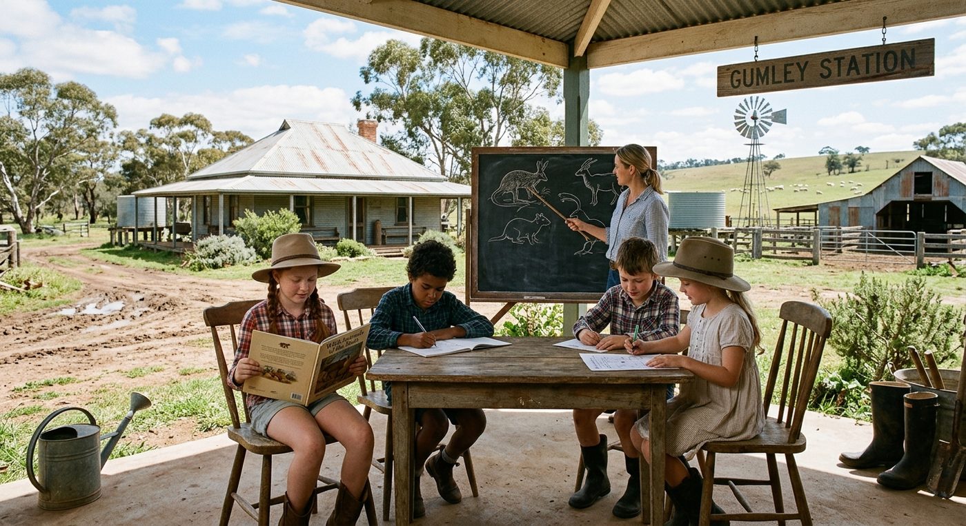 Children learning at a blackboard on a rural australian station veranda.