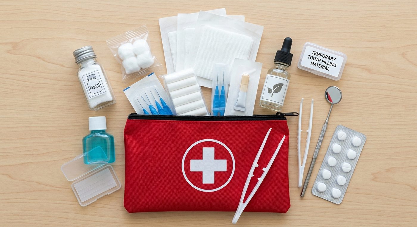 Red first aid kit with assorted medical supplies on wood.