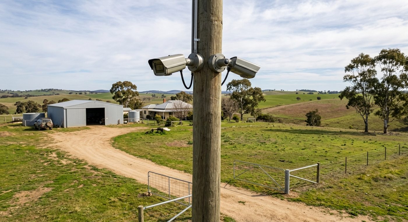 Two security cameras mounted on a wooden pole overlooking a rural farm property.