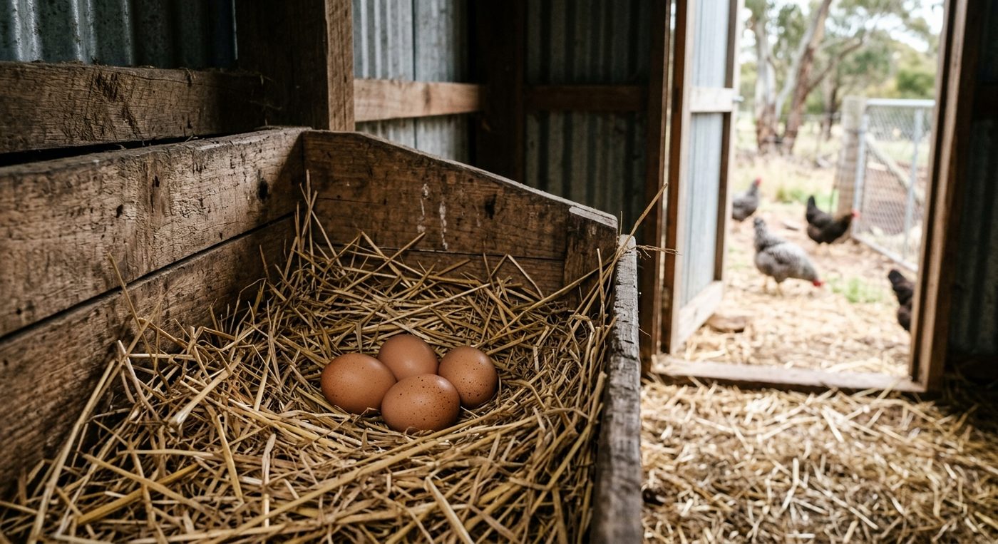 Wooden nesting box with straw and four brown eggs, chickens outside.