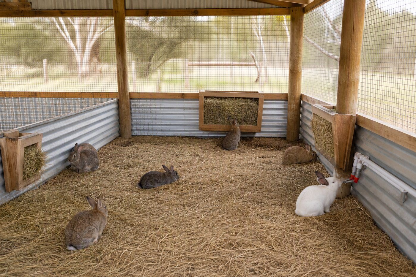 Meat rabbits in a clean colony pen with hay feeders
