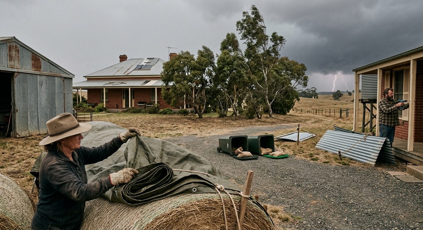 Person covering hay bale with tarp as storm clouds gather on farm.