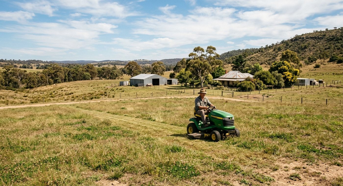 Person mowing grass on a rural property with sheds and hills in background.