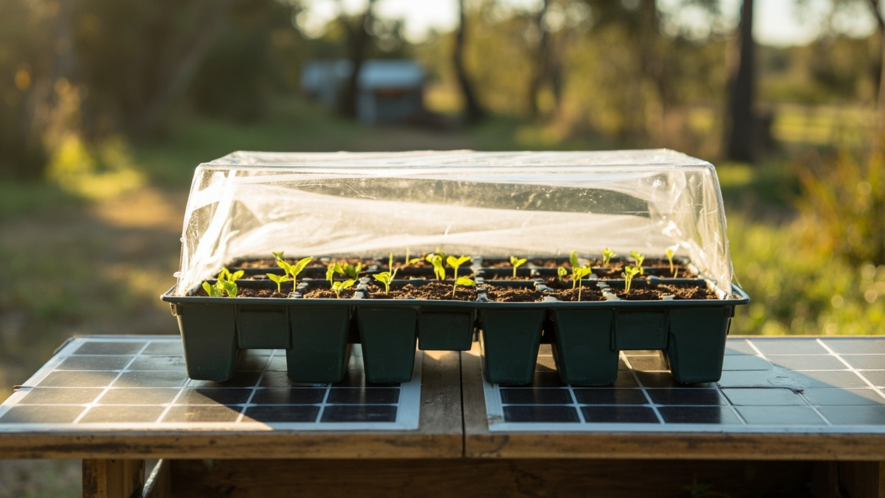 Seed starting heat mat with humidity dome and seed trays on a solar-powered setup