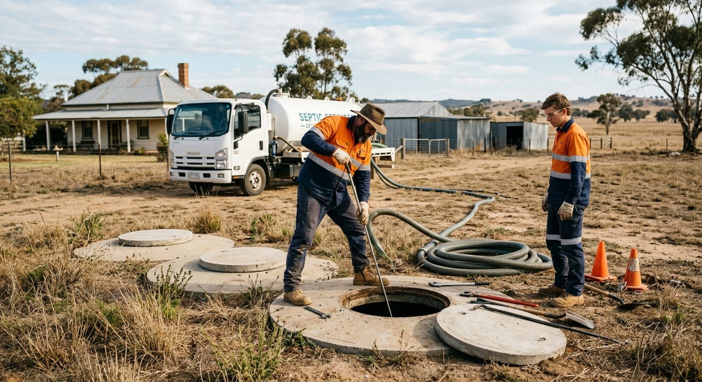 Workers pumping a septic tank with a vacuum truck in a rural yard.