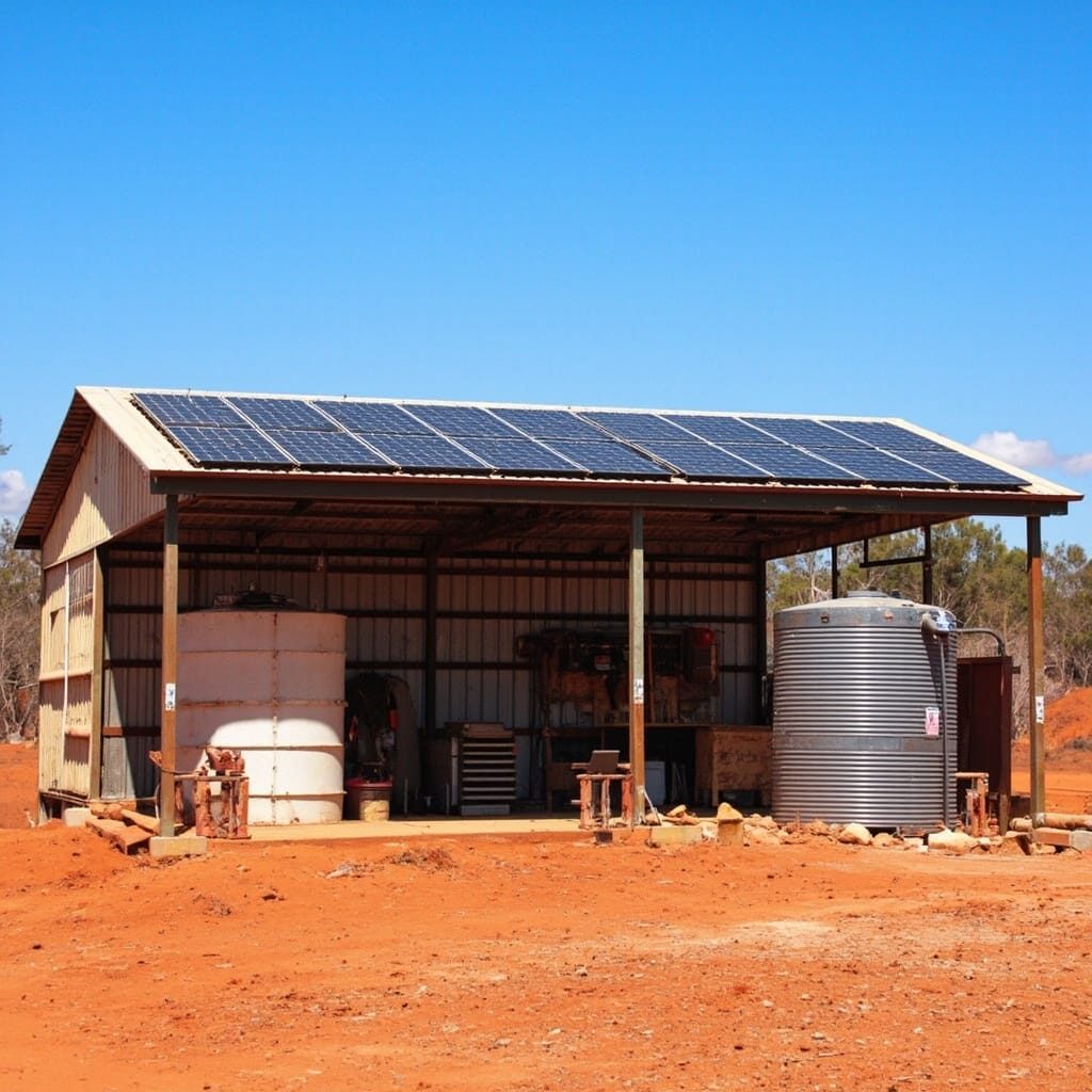 Rural shed with roof-mounted solar panels and two water tanks on red dirt.
