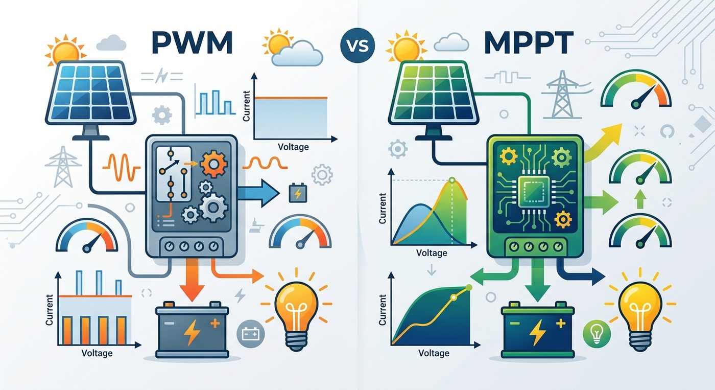 Diagram comparing pwm and mppt solar charge controllers with battery and graphs.