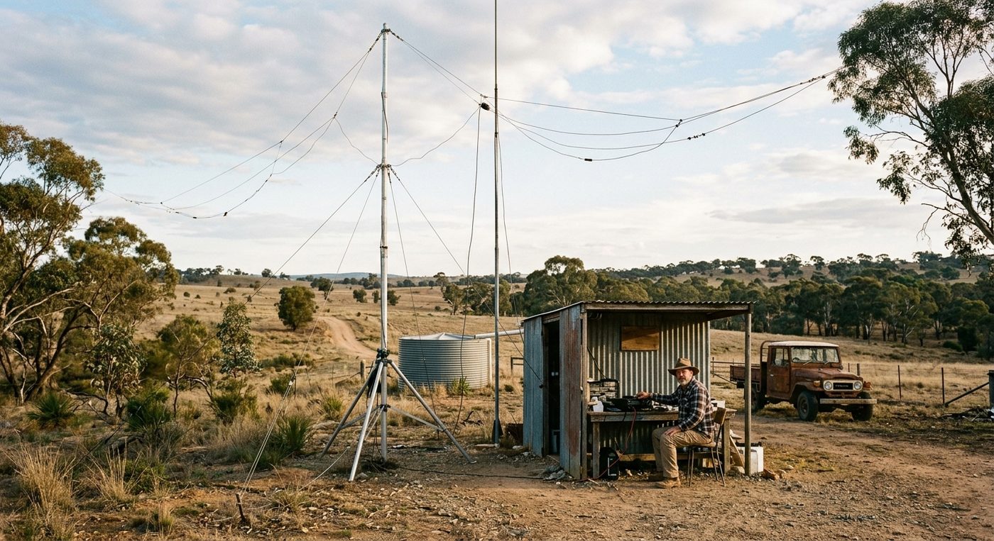 Person operating ham radio at outdoor bush station with antenna mast and water tank.