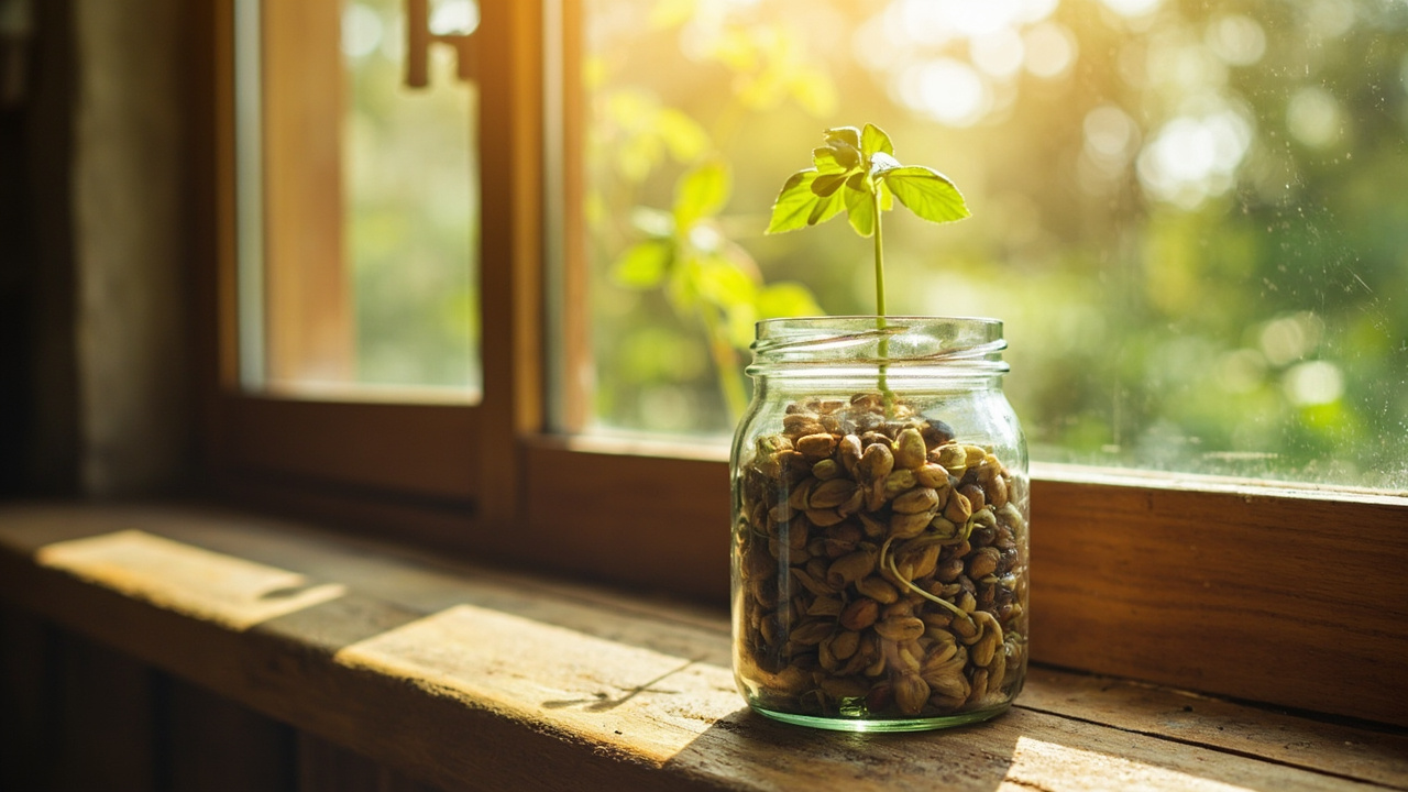 Sprouting seeds in a glass jar on a sunny windowsill, Australian context