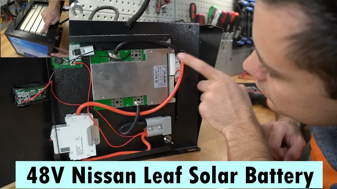 48V battery bank assembled from salvaged Nissan Leaf EV battery modules for off-grid solar use