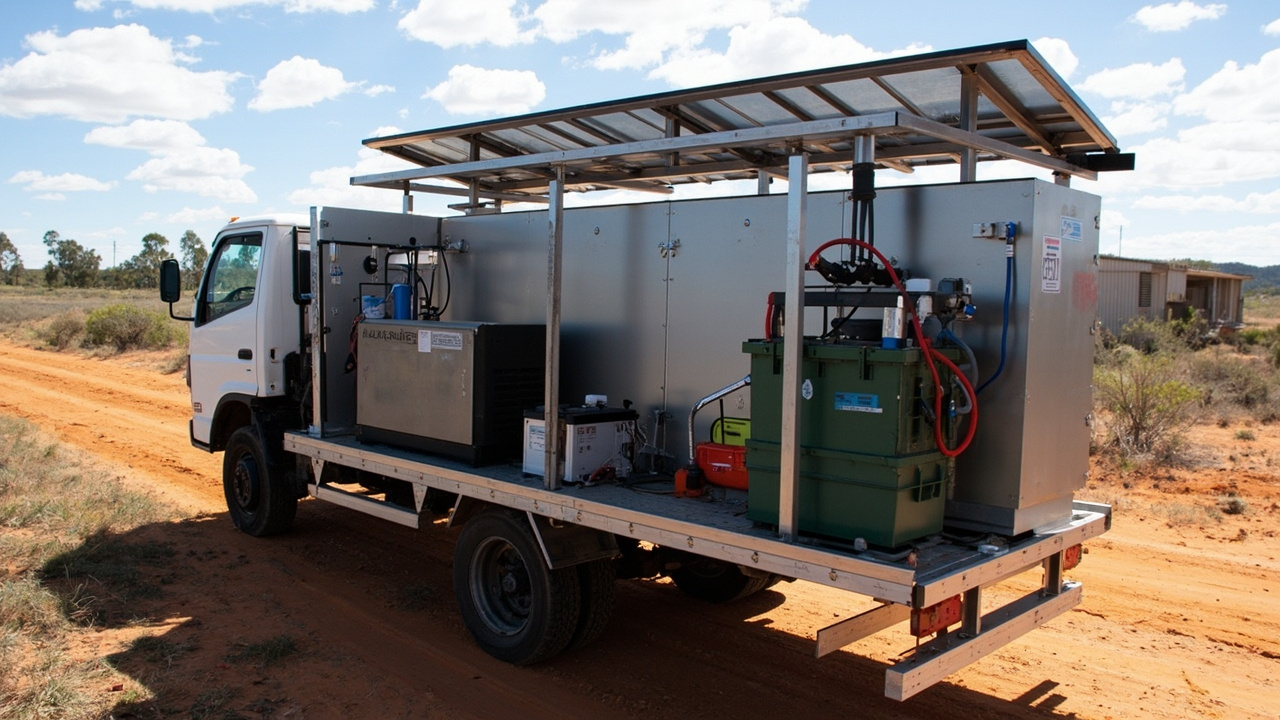 A complete 5,000W off-grid solar system built on a hand truck platform with inverter, battery, and PV disconnect