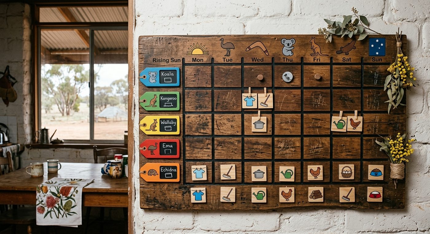 Handmade wooden weekly chore chart on brick wall beside rustic kitchen table.