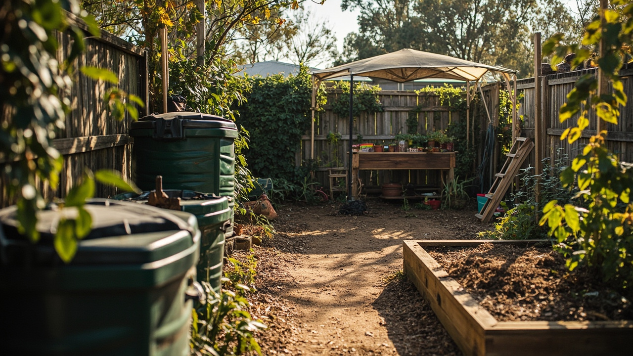 Worm farm setup in Australian backyard with compost bins and garden beds