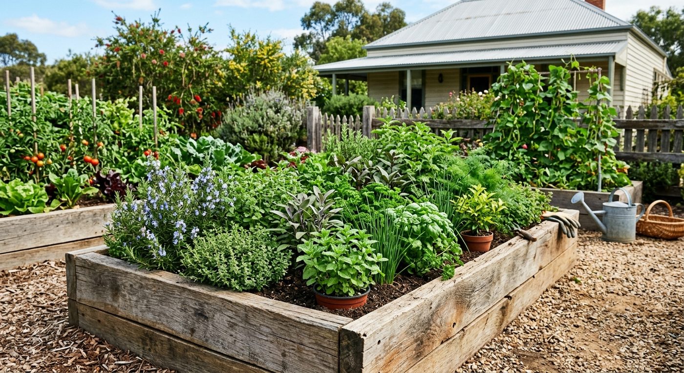 Raised wooden garden bed with herbs and vegetables in a backyard.
