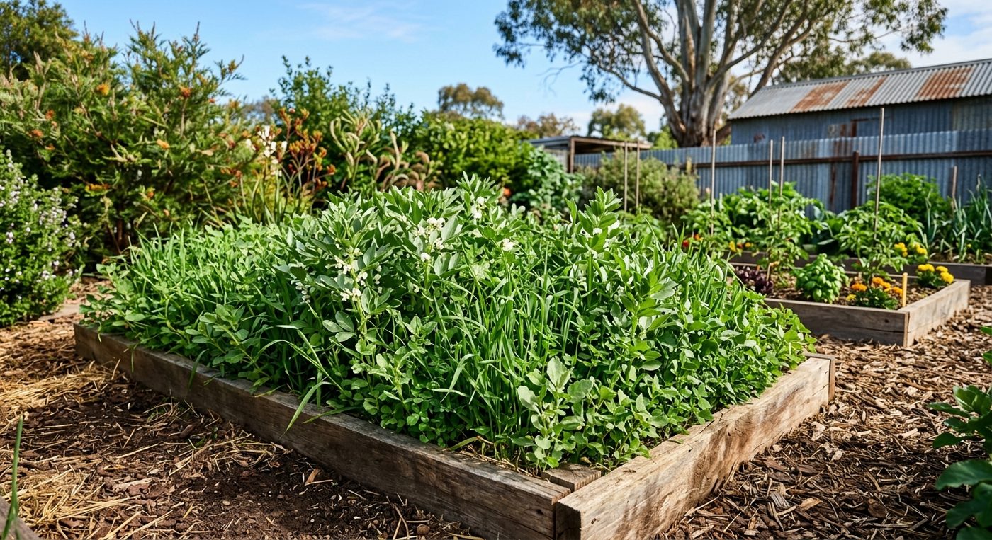 Raised wooden garden beds filled with leafy green plants in a backyard.
